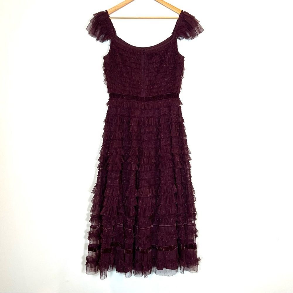 Mac Duggal 8054 Size 10 Amethyst Ruffle Tulle Cap Sleeve Tiered Party Midi Dress - Picture 11 of 12